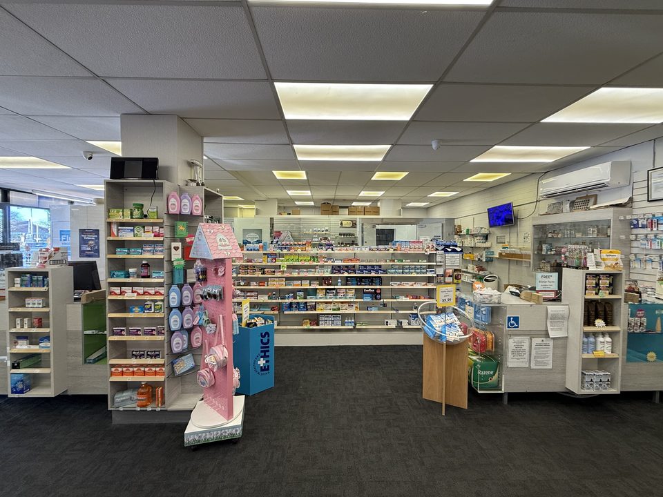 Inside the pharmacy, looking towards the dispensary counter